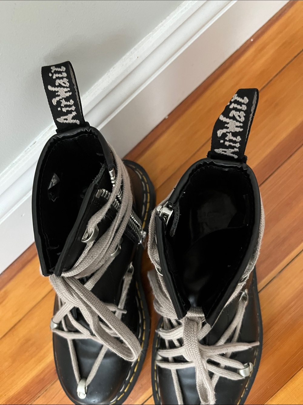 Rick Owen’s X Dr. Martens SOFT Black Leather Platform Boots with Beige Laces - Picture 4 of 5